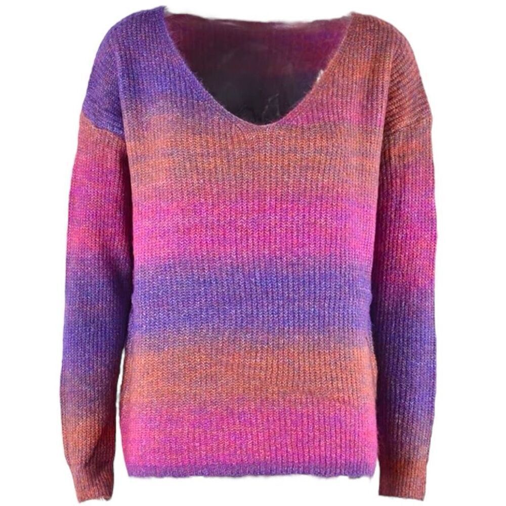 Purple Pink Ombre Rib-Knit V-Neck Knit Pullover Sweater NWT - Double Take - Picture 8 of 10